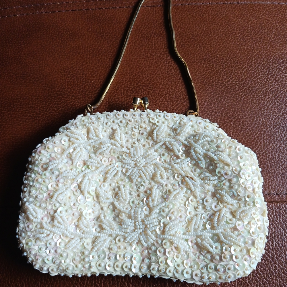 Elegant Cream Beaded Women's Bag